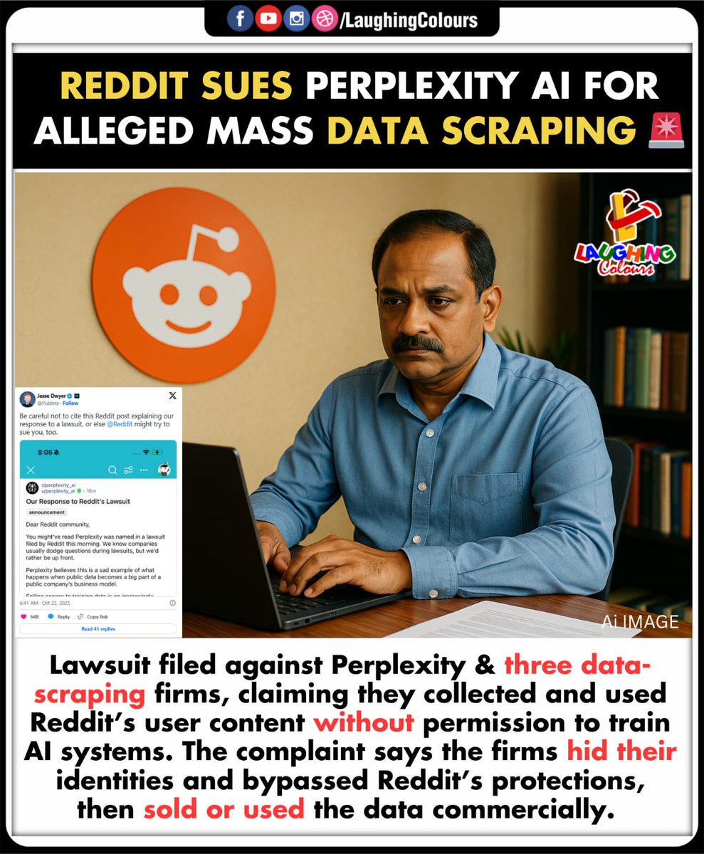 LaughingColours's tweet image. Reddit vs AI lawsuit ⚖️

#Reddit #PerplexityAI #DataPrivacy #TechNews #AIML #DigitalEthics