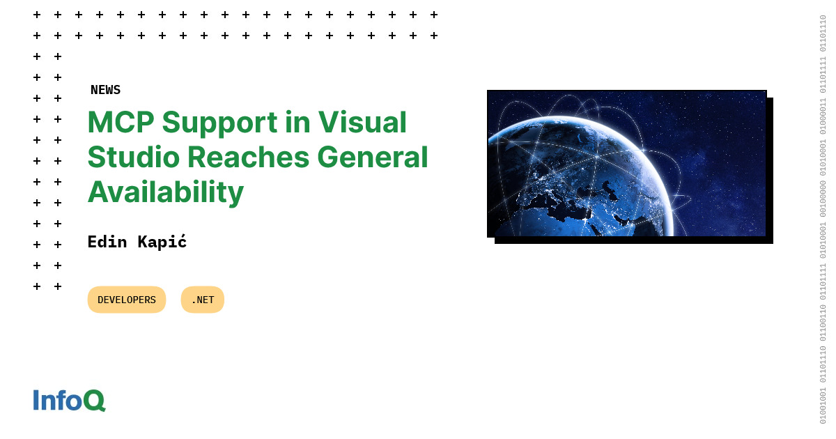 InfoQ's tweet image. Microsoft has announced that #ModelContextProtocol (MCP) support is generally available in #VisualStudio.
MCP lets AI agents in Visual Studio connect to external tools and services using a consistent protocol. 
Dive deeper on #InfoQ ⇨ bit.ly/4oDt6nz
#dotnet