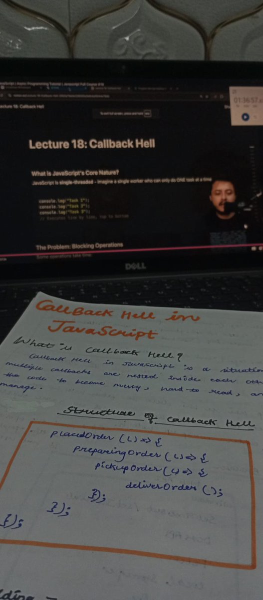 PrachiVerm35745's tweet image. Defense Challenge – Day 33 ✅
Topic: Callback Hell in JavaScript 🔥
Aaj actual project simulations dekhkar samajh aaya ki “hell” naam kyu pada .
But enjoyed it!
#DefenseChallenge #javascriptframeworks 
@rohit_negi9 @CoderArmy