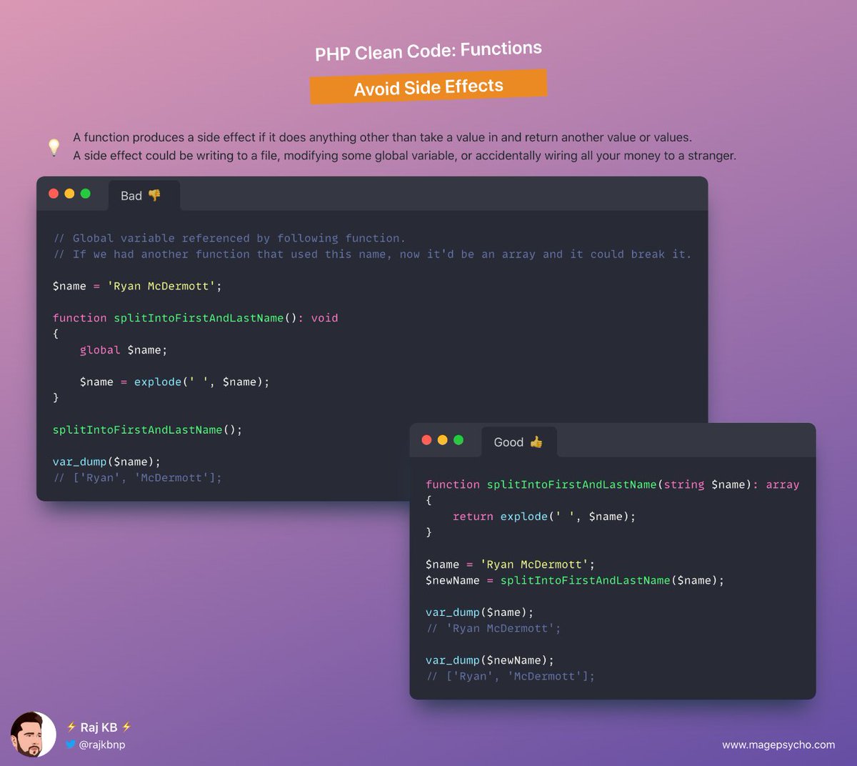 rajkbnp's tweet image. 6️⃣ Clean Code Series: Functions📒🧑💻
☑️ Avoid Side Effects
💡A function produces a side effect if it does anything other than take a value in and return another value or values.
🐘 #PHP #Laravel #Symfony