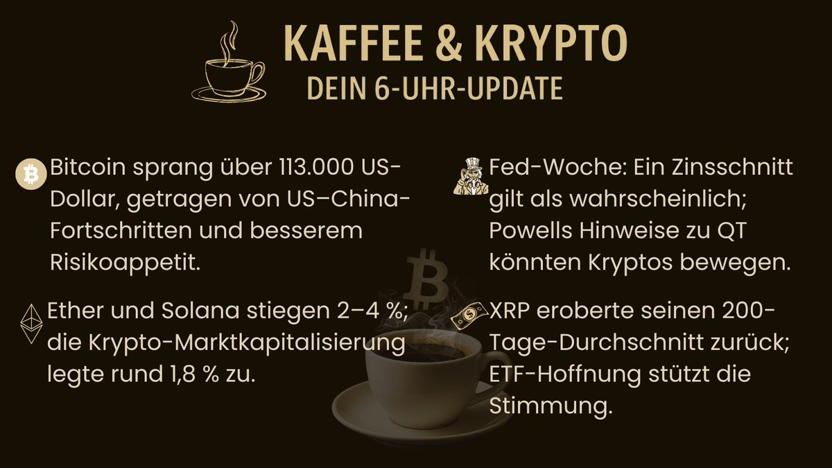 ☕ #KaffeeUndKrypto
💰 #Bitcoin #Ethereum #Solana #XRP
📊 #KryptoNews #CryptoUpdate #CryptoMarket
📈 #BTC #ETH #SOL #XRPLedger
🏦 #FedWeek #Zinsschnitt #QT #Powell
🌏 #Finanzmärkte #USChina #Risikobereitschaft
🚀 #BullRun #KryptoInvesting #Blockchain