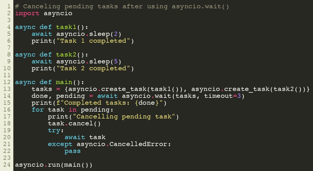 SuperFastPython's tweet image. Canceling pending tasks after using asyncio.wait()
#Python #Concurrency