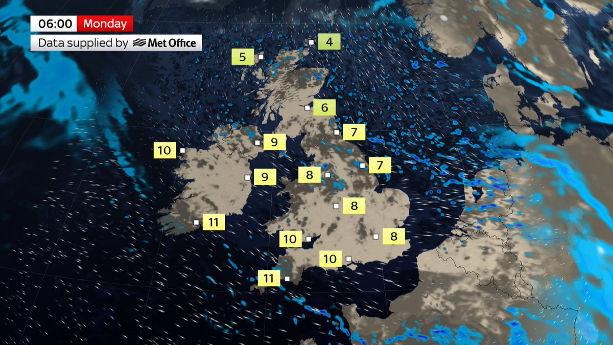 Evening patchy rain in the far south will mostly clear tonight to leave a scattering of showers, some wintry on the Scottish mountains. It'll be rather windy, with coastal gales possible in the northwest, but it won't be as cold as last night. news.sky.com/weather