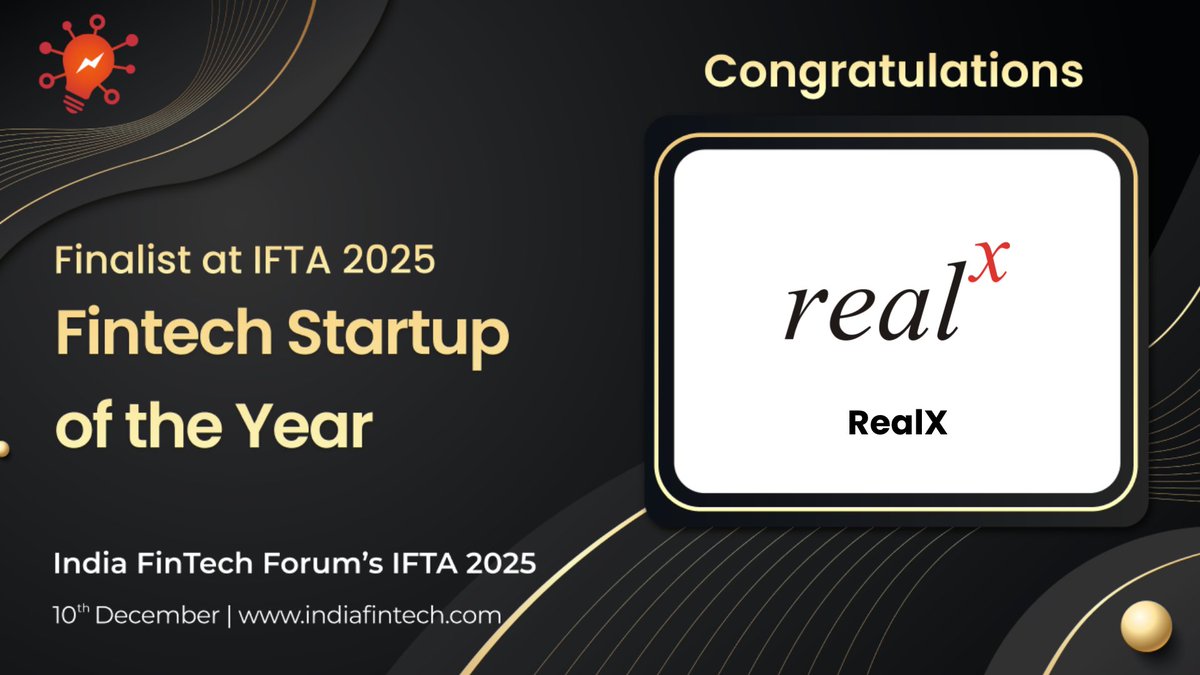 🎉 Congratulations <a href="/hellorealx/">HelloRealX</a> for being a finalist in the Fintech Startup of the Year category at IFTA 2025!

Join us to celebrate the brightest minds in fintech.
📅 10 Dec 2025 | 📍 Aurika, Mumbai

<a href="/GosainArpit/">Arpit Gosain</a> <a href="/senzibl/">Manish Kumar</a> <a href="/neera_inamdar01/">Neera Inamdar</a> 

#IFTA2025 #Fintech #Innovation