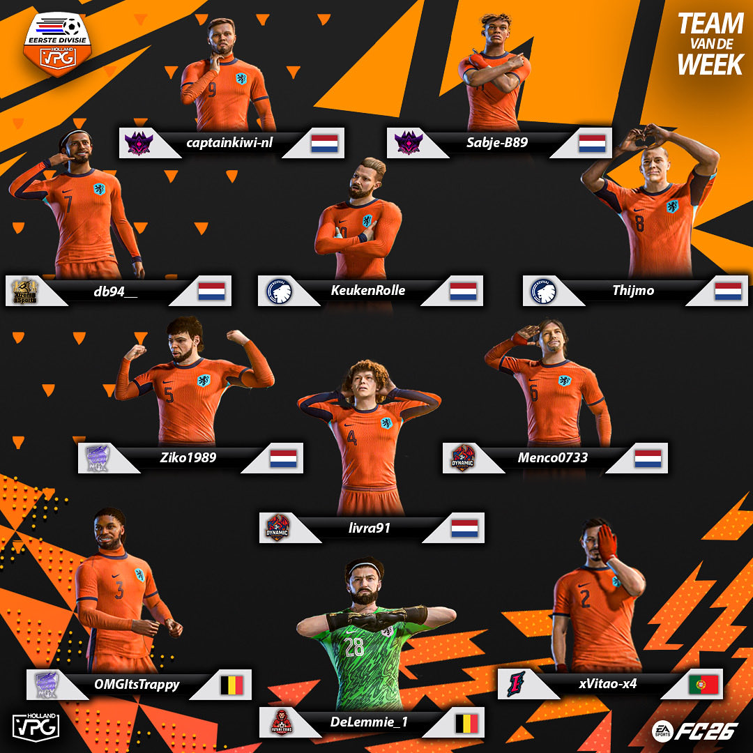 VPG_Nederland's tweet image. Team van de week speelweek 1!
Dit zijn de beste 11 spelers van de eerste week van de Eerste Divisie! 🥇
Gefeliciteerd aan de 11 toppers die deze week het beste uit zichzelf hebben gehaald in de competitie! 🔥 
#eafc #vpg #profclubs #eafcclubs #proclubs #eafc26