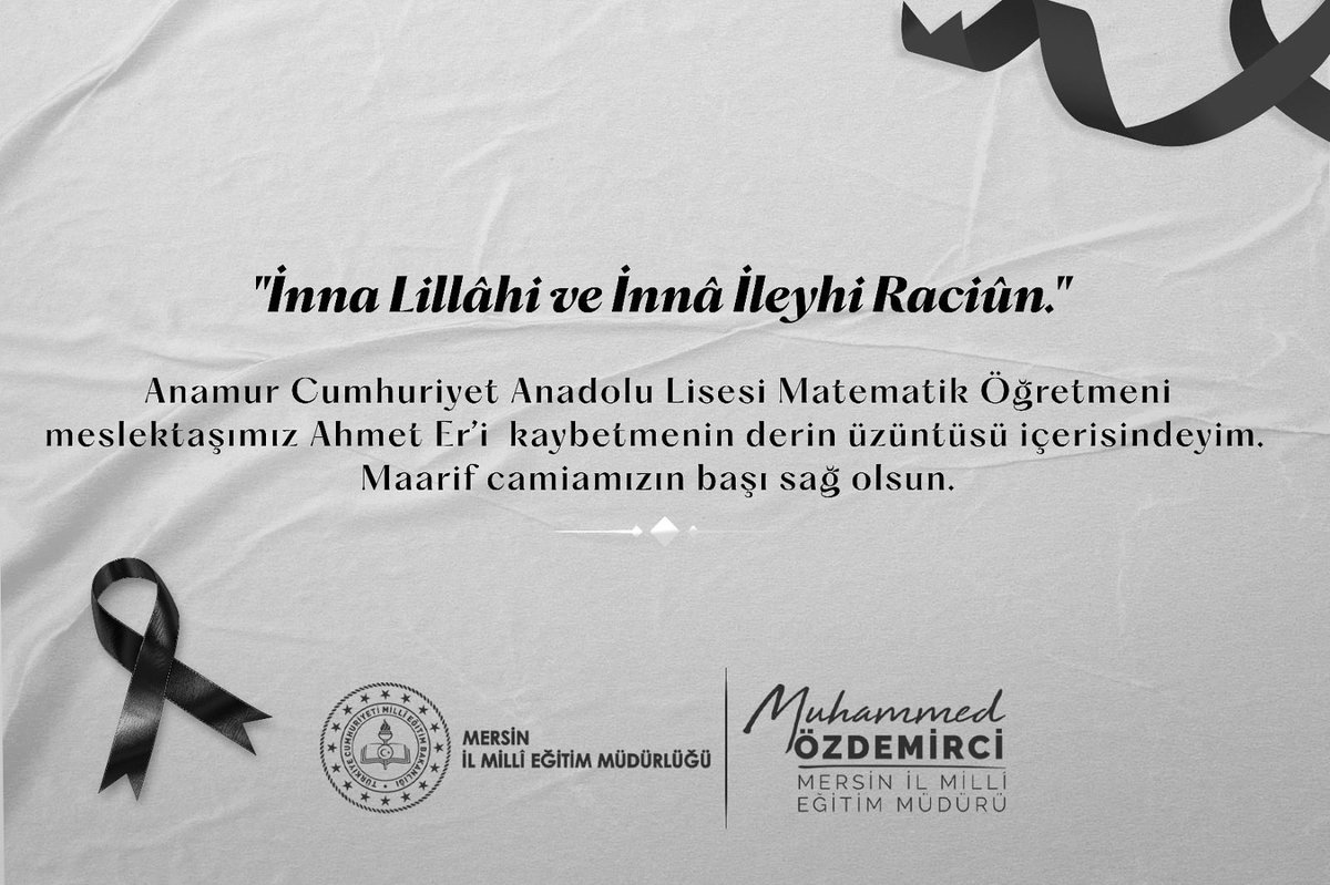 Meslektaşımız Ahmet Er'i kaybetmenin derin üzüntüsü içerisindeyim. Merhuma Yüce Allah'tan rahmet, dost ve akrabalarına sabırlar dilerim.
Maarif ailemizin başı sağ olsun.