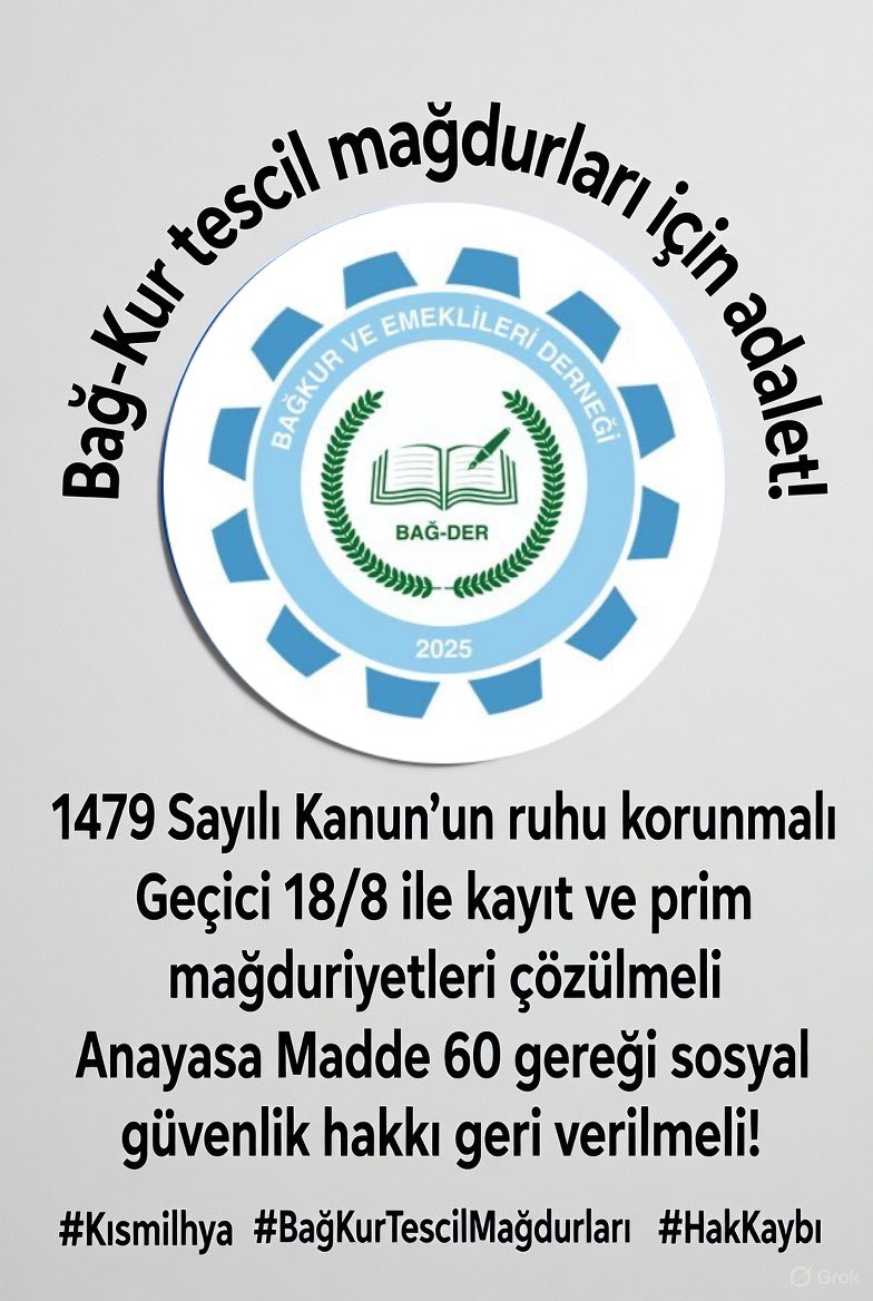 <a href="/BAGKURDERNEGI/">BAĞKUR VE EMEKLİLERİ DERNEĞİ (BAĞ-DER)</a> #Emekli ve Sosyal Güvenlik mağdurlarına duyuru: Bugün 48 yeni üye ile toplam 163 üyeye ulaştık! <a href="/ma_cenkci/">Mehmet Akif Cenkci</a> başkanlığında güçleniyoruz. Katılanlar hoş geldiniz, desteğinizle güçlüyüz! ⬇️

#BağKurTescilMağdurları 
#BağKurPrimEşitleme #kısmiİhya  
#BağKurEmeklileri