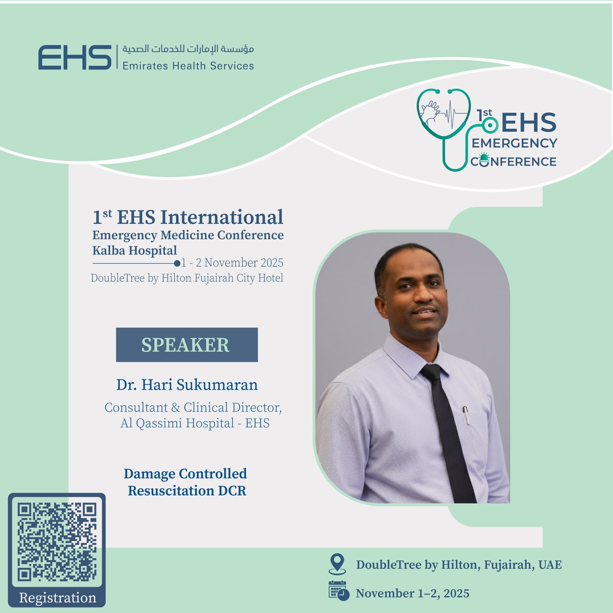 NovusEvent's tweet photo. Excited to welcome Dr. Hari Sukumaran, Consultant &amp; Clinical Director, Al Qassimi Hospital – EHS, presenting Damage Controlled Resuscitation (DCR).

#EHSConference #emergencymedicine #kalbahospital #novusevents https://t.co/b1BzqmJyW4