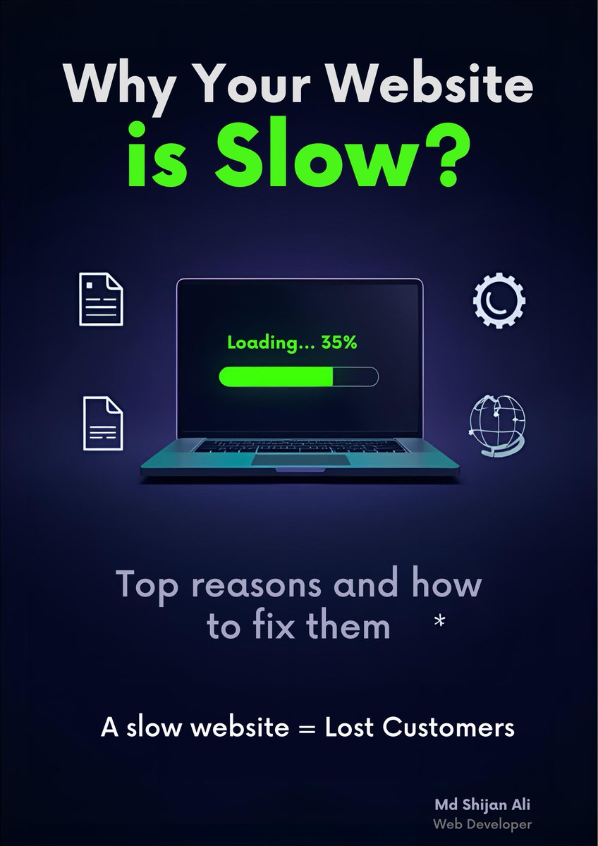 Your website looks good, but it loads like a snail. 🐌💻
Here’s why your website might be slow 👇
• Heavy images
• Cheap hosting
• Too many plugins
• No caching
Speed = Sales ⚡
#WebPerformance #WebsiteSpeed #WebDev #SEO #MdShijanAli