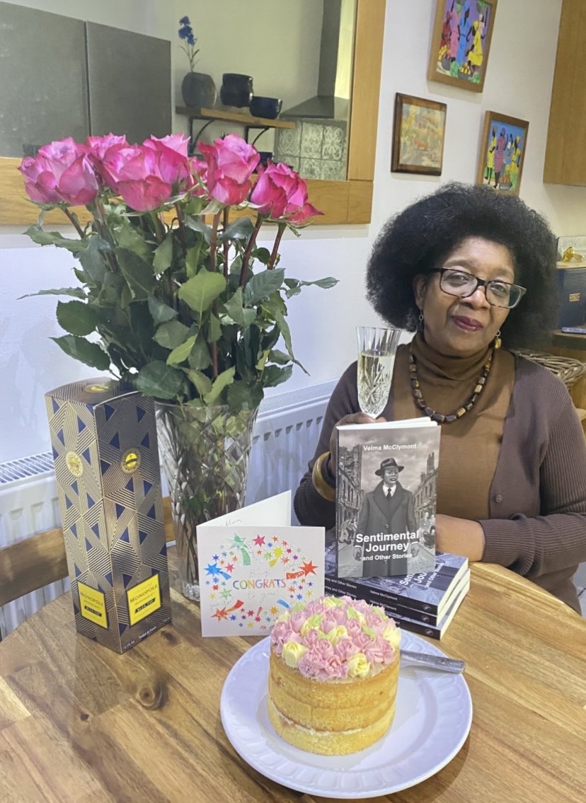 This afternoon, whilst having a cup of tea in the kitchen, my daughter &amp; family popped in to celebrate my new book, Sentimental Journey. She surprised me with a bottle of champagne, a cake &amp; flowers! Hence, I quickly got rid of my tea. 

Grateful for this gift from my ancestors!