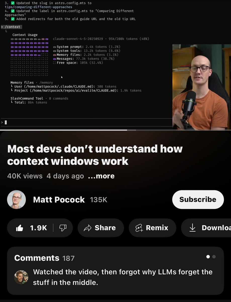 Hesamation's tweet image. 99% of the reason people think AI coding sucks is their lack of knowledge about how LLMs work. this guy explains how abusing the context window with crap results in AI confusion. in other words, skill issue.