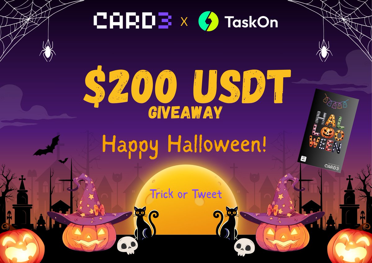 card3_ai's tweet image. 👻Trick or Tweet🎃Halloween vibes are here. 
🎯Join Card3 on @taskonxyz @TaskOnCampaigns 
💰Prize pool: 200 USDT
💎Plus, one lucky ghost wins a Prime Card!
👉taskon.xyz/quest/166056935
⏰Live now till Nov 2.
🎁Don’t miss the spookiest drop of the season!
#Halloween #Giveaway