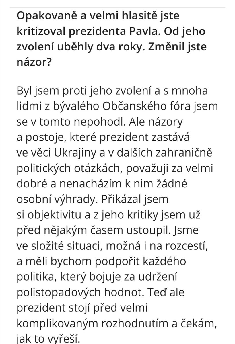 Michael Kocáb byl asi jediný, kterému jsem věřil to přesvědčení, že nechce Petra Pavla prezidentem kvůli KSČ. U něj zcela legitimní postoj, narozdíl od těch dezodědků a komunistů.
Teď pro PrahaIN řekl:
"Přikázal jsem si objektivitu a z jeho kritiky jsem už před nějakým časem