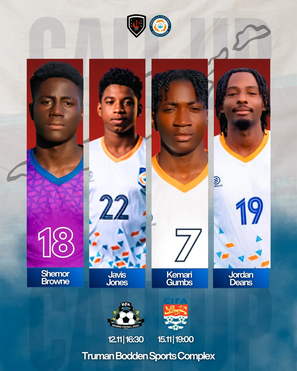 INTERNATIONAL CALL UPS 🇦🇮

We are proud to announce that four of our players have been called up to the <a href="/AnguillaFA/">Anguilla Football Association</a> squad to take on Bahamas &amp; then the Cayman Islands in two friendlies next month.
Congratulations Shemor Browne, Javis Jones, Kemari Gumbs, &amp; Jordan Deans!