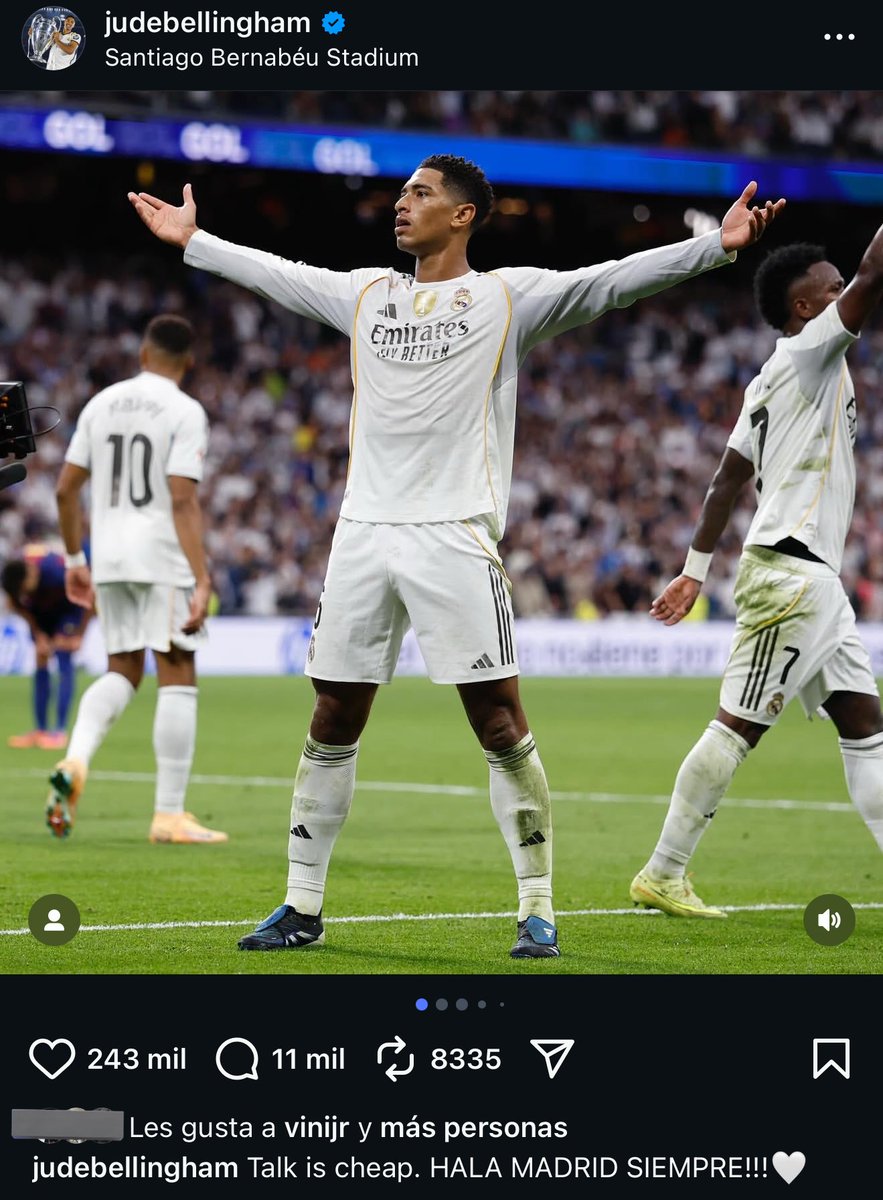 Bellingham en Instagram: “Hablar es barato. Hala Madrid siempre” JOJOJO LLORERA 🤣🫵🏼