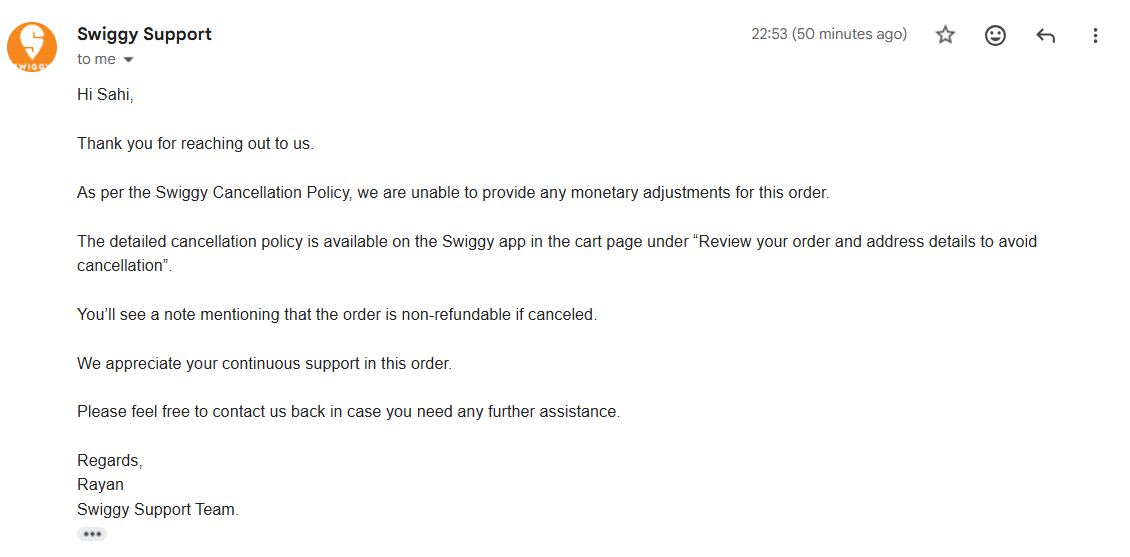 SahilKumar7820's tweet photo. Hii @Swiggy @SwiggyCares 
My order (Order ID: 220458208632459) was cancelled by Swiggy as i refused to accept the order which was not mine, yet I was charged a 100% cancellation fee.
Support refused refund citing policy.
Please refund the wrongful charge.
#ConsumerRights #Swiggy https://t.co/scGC6hX6C6