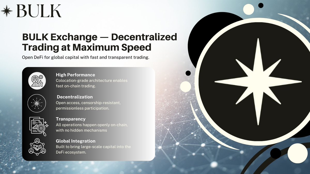 PolanaOleg's tweet image. ⚡ BULK Exchange — Centralized Exchange Speed, Fully Decentralized

@bulktrade  #Crypto #OnChainTrading #Web3

DeFi has matured in lending, swapping, and asset custody — yet on-chain trading performance still lags behind centralized platforms.

BULK Exchange was built from the…