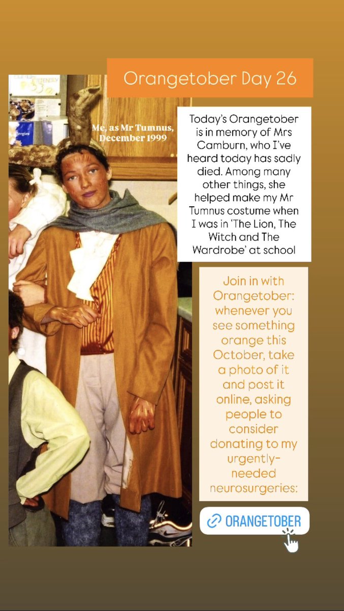 Orangetober Day 26: in memory of Mrs Camburn, whom I sadly learned has recently died. She helped make this costume when I played Mr Tumnus in a school play. 

You can find out more about Orangetober here, in aid of my urgently-needed neurosurgeries: jkrowbory.co.uk/2025/10/orange…

🧡🧡