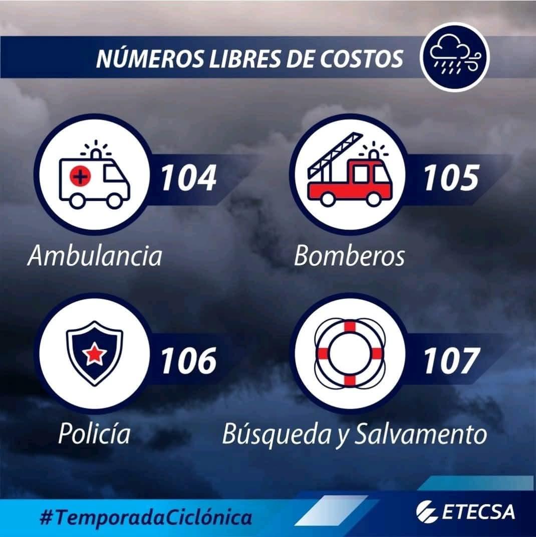 En esta #TemporadaCiclónica 🌀⛈️ debes conocer los números a los que puedes llamar ante una emergencia 📲📞 de manera gratuita 🚒🚔🚑🛟
#EtecsaConCuba