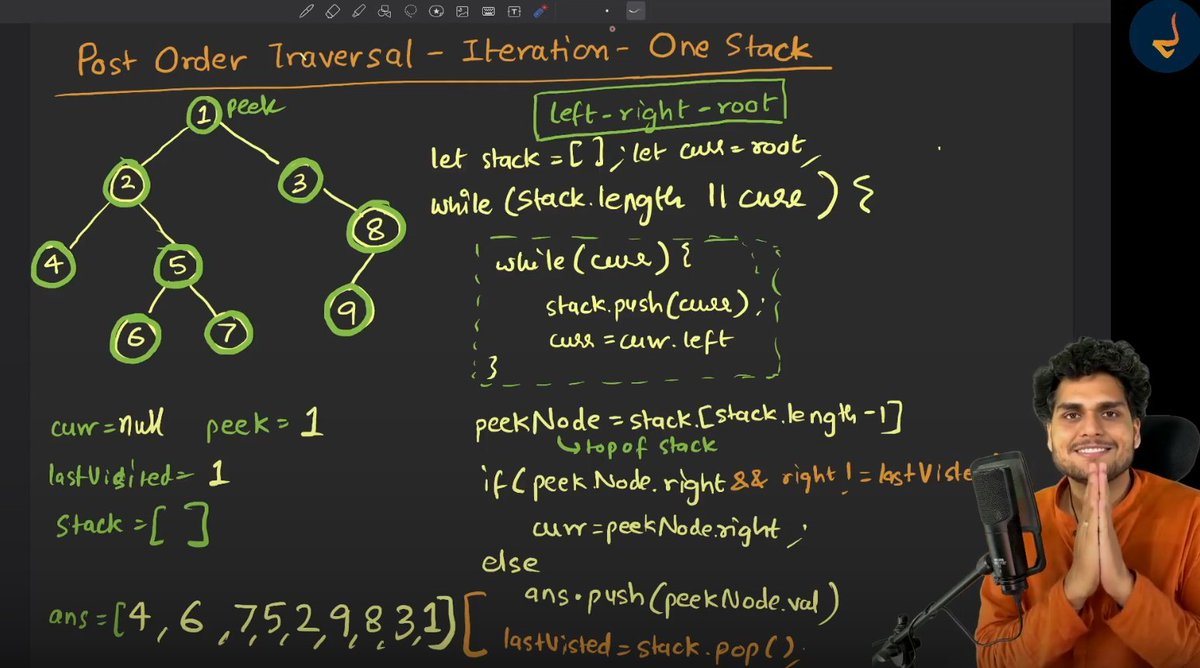 Zaryab_005's tweet image. 🧠 Day 67 of DSA
Solved Postorder Traversal (Binary Tree) using two approaches 🌳
1️⃣ Two Stack
2️⃣ Single Stack
⏱️ Time: O(n)
💾 Space: O(n) / O(h)
#100DaysOfCode #LeetCode #DSA #JavaScript