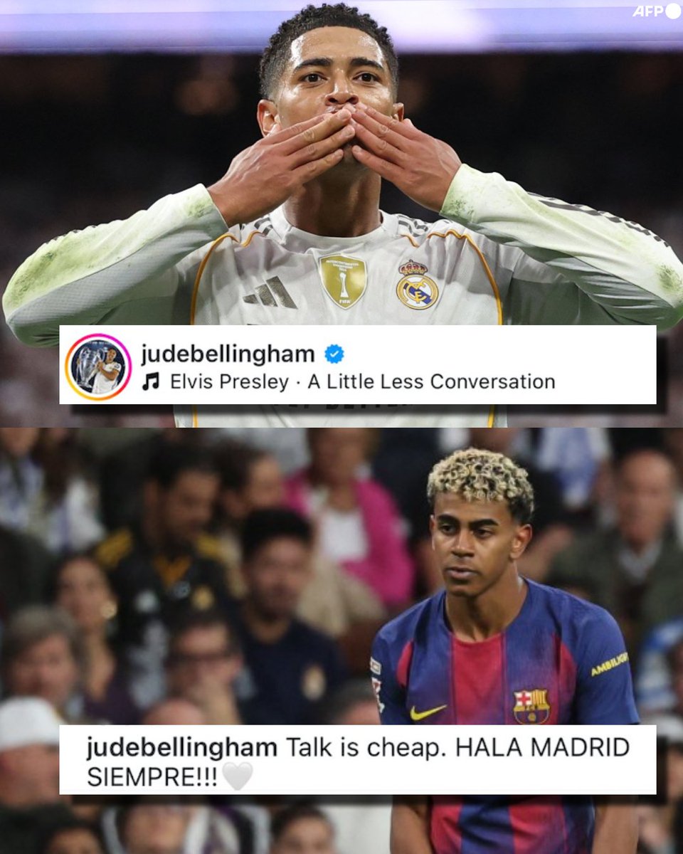 ¡¡LA INDIRECTA MUY DIRECTA DE JUDE!! Y después de ganar El Clásico firmando GOL Y ASISTENCIA, Jude Bellingham le mandó una indirecta muy directa a Lamine Yamal. El todoterreno inglés subió fotos del partido con la canción A Little Less Conversation de Elvis Presley y escribió el
