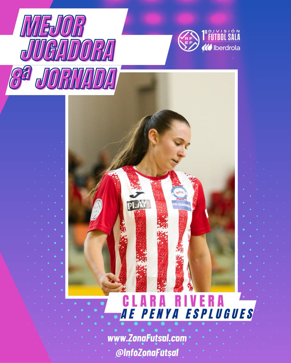🟣Temporada 2025/2026 - 1ª División <a href="/iberdrola/">Iberdrola</a> Fútbol Sala Femenino.

🟣Mejor Jugadora de la Jornada - 8ª Jornada

🔝La “Mejor Jugadora de la Jornada” para <a href="/infozonafutsal/">ZonaFutsal</a> ha sido:

🟣Clara Rivera (<a href="/Clara_Rivera_6/">Clara Rivera</a>), jugadora de AE Penya Esplugues.

#fútbolsalafemenino