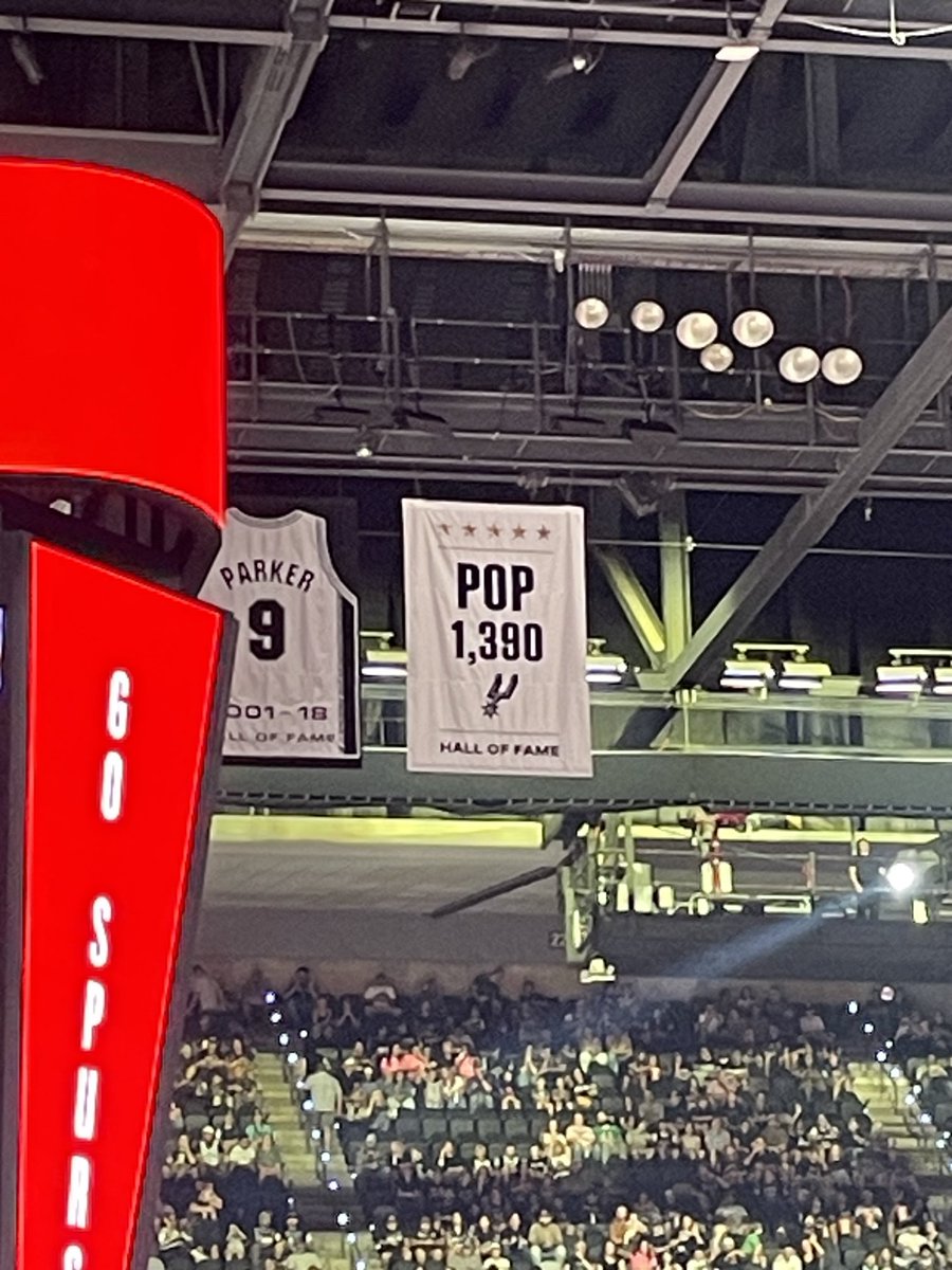 Gregg Popovich adamantly forbade the #Spurs to give him any kind of ceremony. So they quietly honored him with this in the rafters before today’s game vs. the #Nets. Understated. Humble. Very Pop. #nba