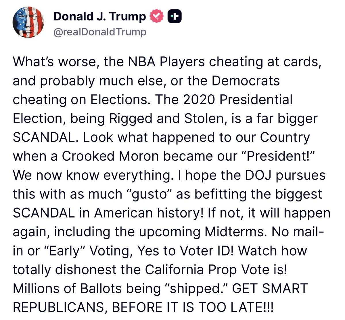 BREAKING 🚨 President Trump calls on the DOJ to investigate everybody involved with STEALING the 2020 Election 

- “No Mail-in Voting”
- “YES to Voter ID’s”

“Get smart Republicans before it’s too late”

ABSOLUTE MIC DROP 🔥