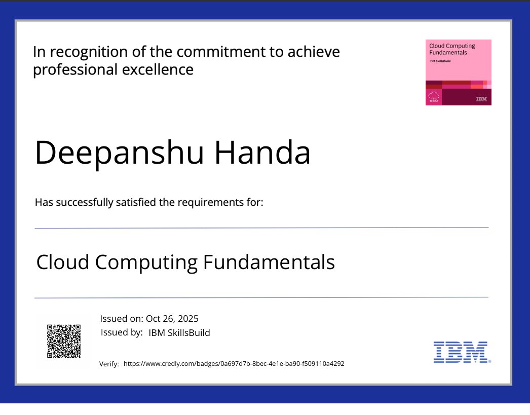 dEEPANSHU_656's tweet image. 🚀Just completed the @IBM SkillsBuild course: 
Cloud Computing Fundamentals! 📷☁️
Excited to level up my cloud computing skills and explore the future of technology!  
#CloudComputing #IBM #SkillBuild #Learning