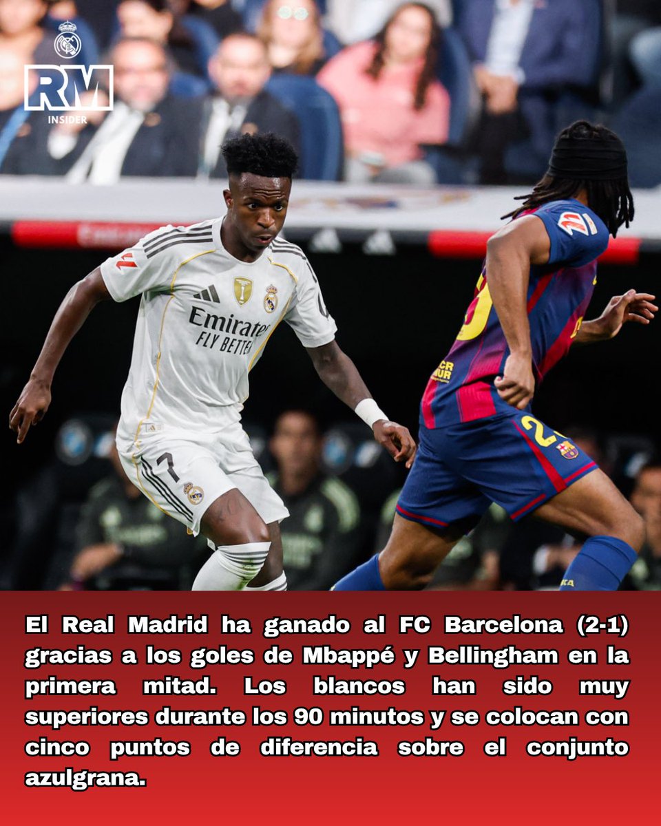 ¡ESTO ES MADRID, PAPÁ 🤍💜!

➡️ Victoria 2-1 del #RealMadrid vs #Barça 

⚽️ Goles de #Mbappé y #Bellingham y del #FCB de #Fermin 

📈 1ºs a 5 puntos de los azulgranas 

#ElClasico