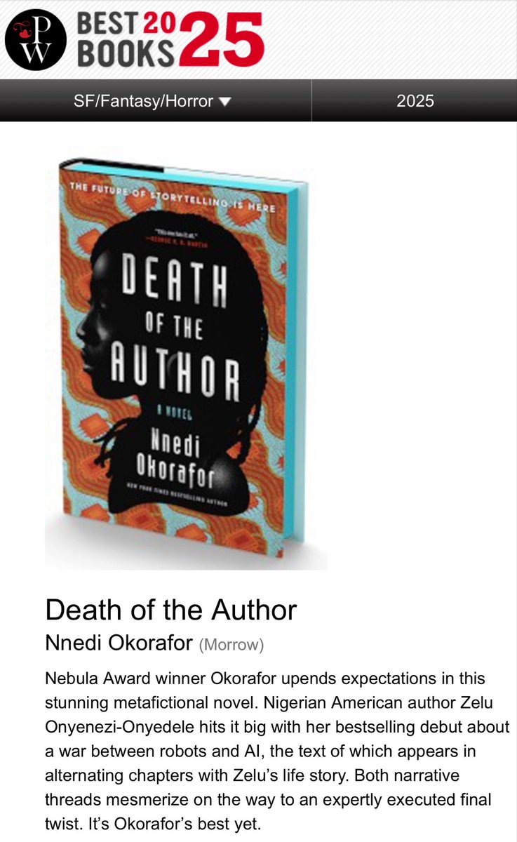 Publishers Weekly has named my novel DEATH OF THE AUTHOR a Best Book of the Year, 😃🇳🇬🇺🇸🤖🦿🐬.

Full list here: best-books.publishersweekly.com/pw/best-books/…