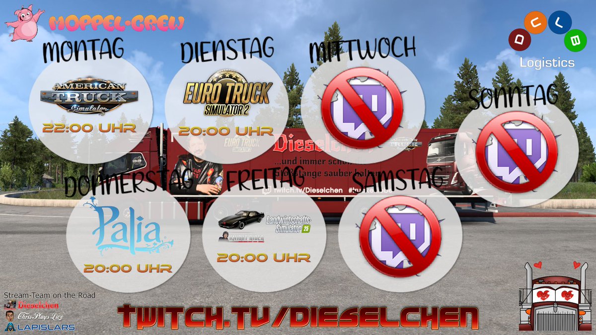 Das_Dieselchen's tweet photo. Hi ihr Lieben ❤️
Streamplan KW44/25
Mo. 22.00 #AmericanTruckSimulator
Di. 20.00 #EuroTruckSimulator2
Do. 20.00 #Palia
Fr. 20.00 #KnightRider #KITT & #FarmingSimulator25
https://t.co/gazK9vDgy8
#Truckerliebe #MoppelCrew #TwitchDE #TwitchTV #GermanStreamer #Twitch #Schedule https://t.co/ITxbhhCnWB
