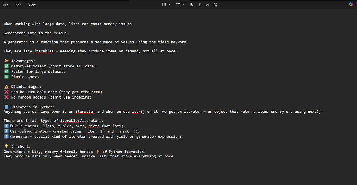 thebytebardd's tweet image. Day 40 of learning Python...
When working with large data, lists can cause serious memory issues 😩
So what to dooooo?? 👀
Check out the notes below!
@ankushdharkar 
#Python #LearningJourney