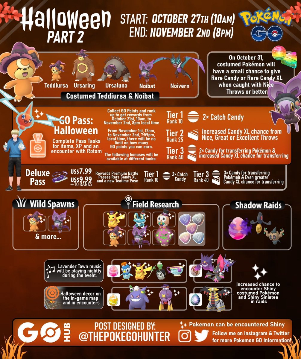 Trainers, the Halloween Part II event starts tomorrow! 🎃 Here is a great infographic of what's coming next, with more details to be added in our guide later today: pokemongohub.net/post/event/hal… 

#PokemonGO