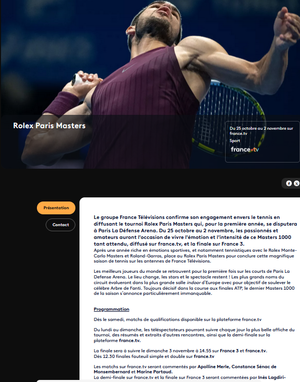 Paris Masters sur France TV : du lundi au dimanche : la plus belle affiche, résumés d'autres matchs, demie sur la plateforme france.tv, commentés par <a href="/Apolline_Merle/">Apolline Merle</a>, C.Sénac de Monsembernard , <a href="/MarinePartaud/">Marine Partaud</a>
Finale à 15h sur France 3, commentée par <a href="/ilagdirinastasi/">Inès Lagdiri-Nastasi</a>