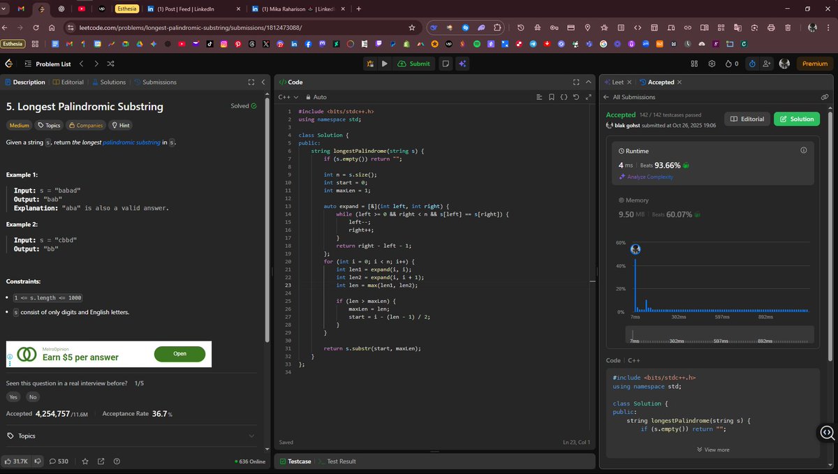 blak_gohst's tweet image. 💻 Just solved LeetCode #5 – Longest Palindromic Substring using C++ 🔥
Used the “expand around center” approach — clean, efficient, and elegant.
One more logic win toward writing smarter code, not longer code.
#LeetCode #Cplusplus #Coding #DevJourney