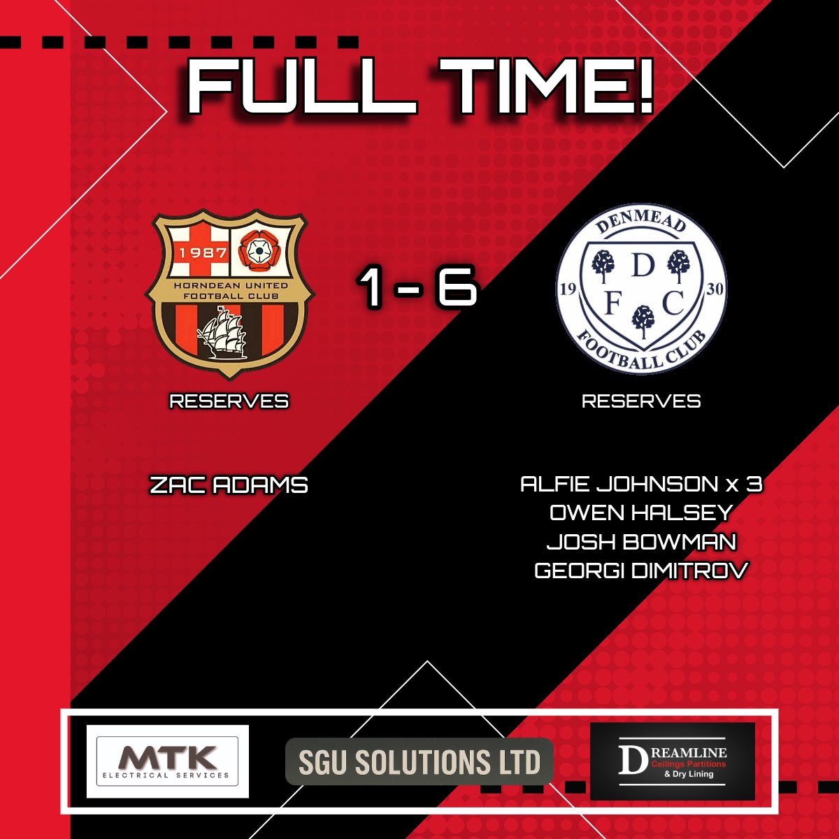 🔴⚫️ RESULTS ⚫️🔴

First team kept up their unbeaten run with 5 goals in reply after going a goal down in the opening stages.

Reserves well beaten in a frustrating game against denmead reserves, we got a late consolation through Zac Adams effort in the last 10 mins.

#upthedeans