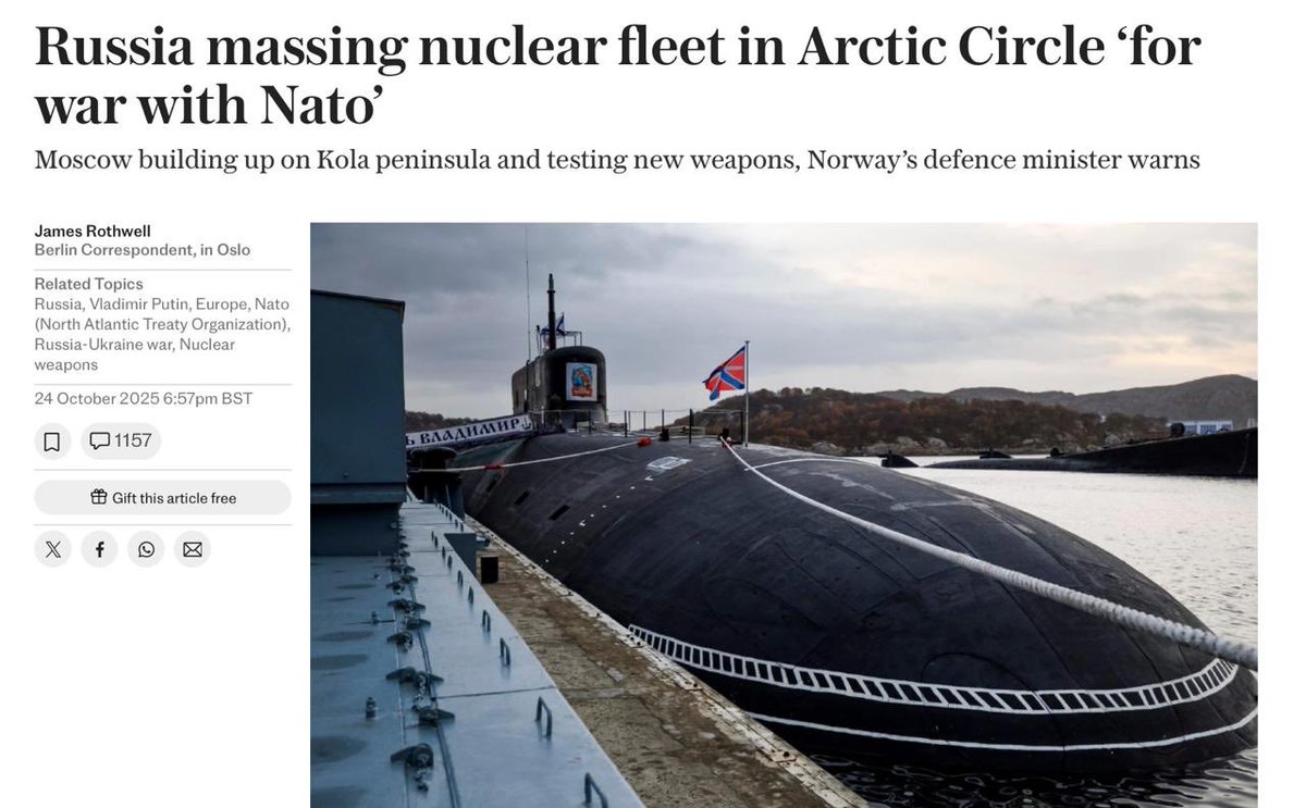 MAKS 24 🇺🇦👀 (@maks_nafo_fella) on Twitter photo 🇳🇴❗️Russia is amassing nuclear weapons and attack submarines in the Arctic Circle as it prepares for war with Nato, Norway’s defence minister has warned, - The Telegraph
Oslo had detected increased weapons development on Russia’s Kola peninsula, where its prized Northern Fleet 🇳🇴❗️Russia is amassing nuclear weapons and attack submarines in the Arctic Circle as it prepares for war with Nato, Norway’s defence minister has warned, - The Telegraph
Oslo had detected increased weapons development on Russia’s Kola peninsula, where its prized Northern Fleet
