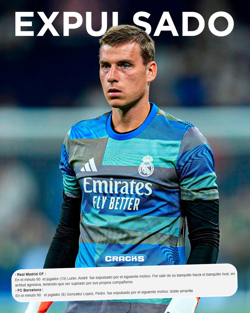 SeputarMadrid's tweet image. 🚨 BREAKING: Laporan pertandingan Real Madrid vs Barcelona di Jornada 10.

🟥 Lunin diusir keluar lapangan karena meninggalkan bangku cadangannya dan mendekati bangku lawan dengan sikap agresif.
🟨 Vinicius mendapat kartu kuning karena berhadapan dengan pemain lawan tanpa…