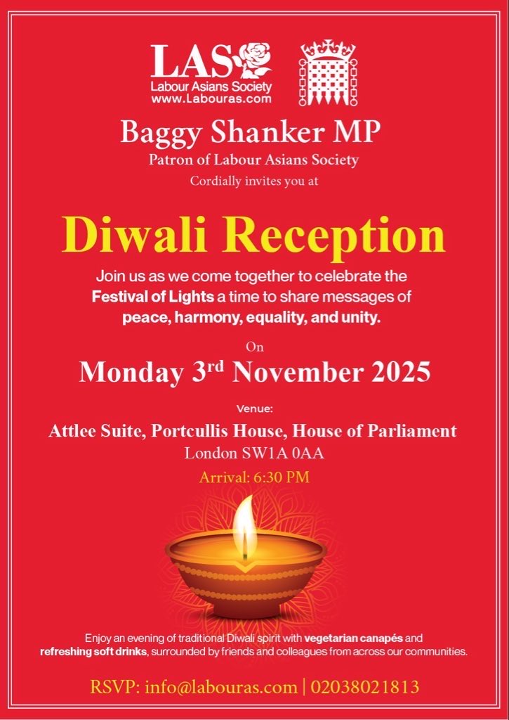 Labouras2024's tweet image. Last chance to register!

Join the Labour Asians Society for an unforgettable Diwali networking reception, only a few spaces left!

Let’s come together to celebrate the Festival of Lights, show unity, and share a message of peace, harmony and equality with the world.

📅 Monday,…