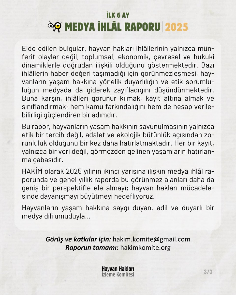 2025 yılının ilk 6 ayında haber sitelerine yansıyan hayvan hakkı ihlalleri çerçevesinde hazırladığımız Medya İhlal Raporu yayında. Aşağıda yer alan bağlantıdan tamamına ulaşabilirsiniz.

hakimkomite.org/wp-content/upl…