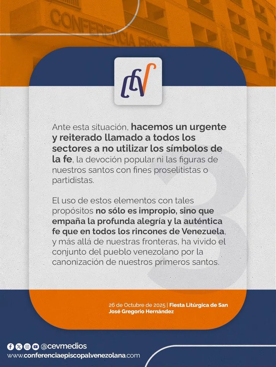La Conferencia Episcopal Venezolana solidaria con el Cardenal Baltasar Porras, ante el asedio que contra su persona ejerce el régimen de Maduro, impidiéndole incluso, llegar a Isnotú a celebrar la misa pautada por la reciente ascensión a los altares de San José Gregorio