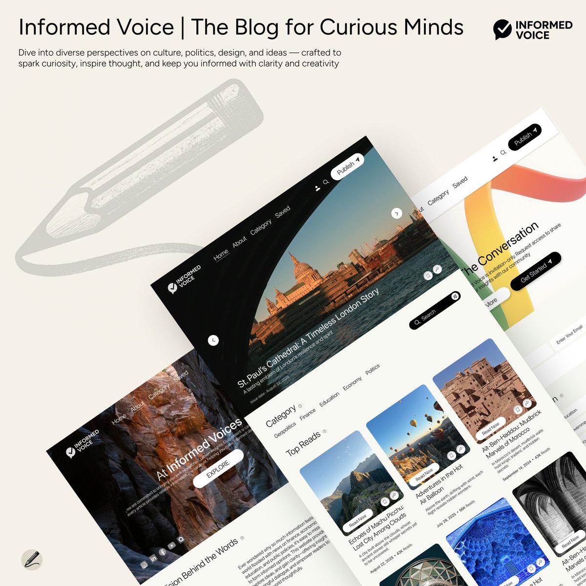 rajeevrajoria0's tweet image. Just launched my first design piece — Informed Voice, a blog platform crafted for thinkers and creators.

Where design meets storytelling — read top insightful articles or share your own voice.

Would love your thoughts in comments!

#UIDesign #UXDesign #designer #CreatorX