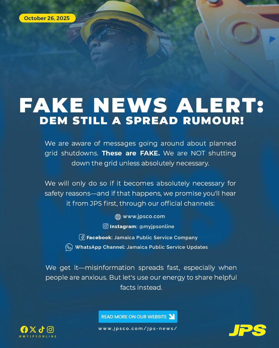 Stop the rumours. Share the facts.

If you see a message about a "planned JPS grid shutdown," it is FAKE NEWS.

We are NOT shutting down the grid. Our plan is to keep the system operational for as long as it is safe and feasible.