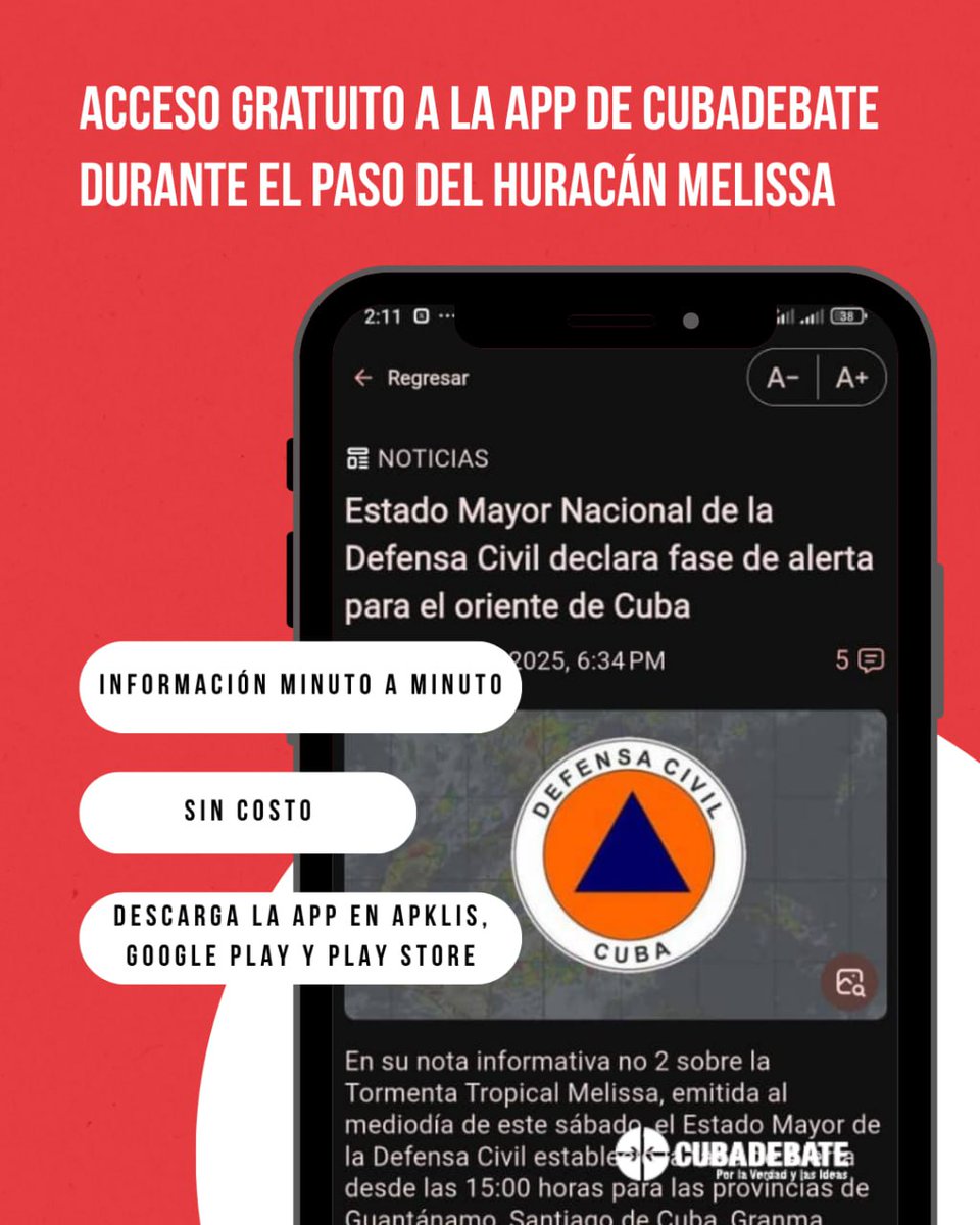 📢📱Ante la necesidad de mantener a la población informada sobre las posibles afectaciones del huracán Melissa en Cuba, Cubadebate, en conjunto con <a href="/ETECSA_Cuba/">ETECSA</a>, anuncia que la aplicación móvil de Cubadebate tendrá acceso sin costo durante este período.