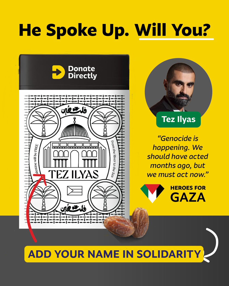 Donate_Directly's tweet image. Tez Ilyas spoke up. Will you? ✊🇵🇸

Your Name on a Palestine Dates Tin.
Make it personal. Show your support.

This isn’t just dates, it’s solidarity, it’s resistance, it’s your stand.

👉 Pre-order now. Limited tins.
Shop.donatedirectly.com/collections/da…