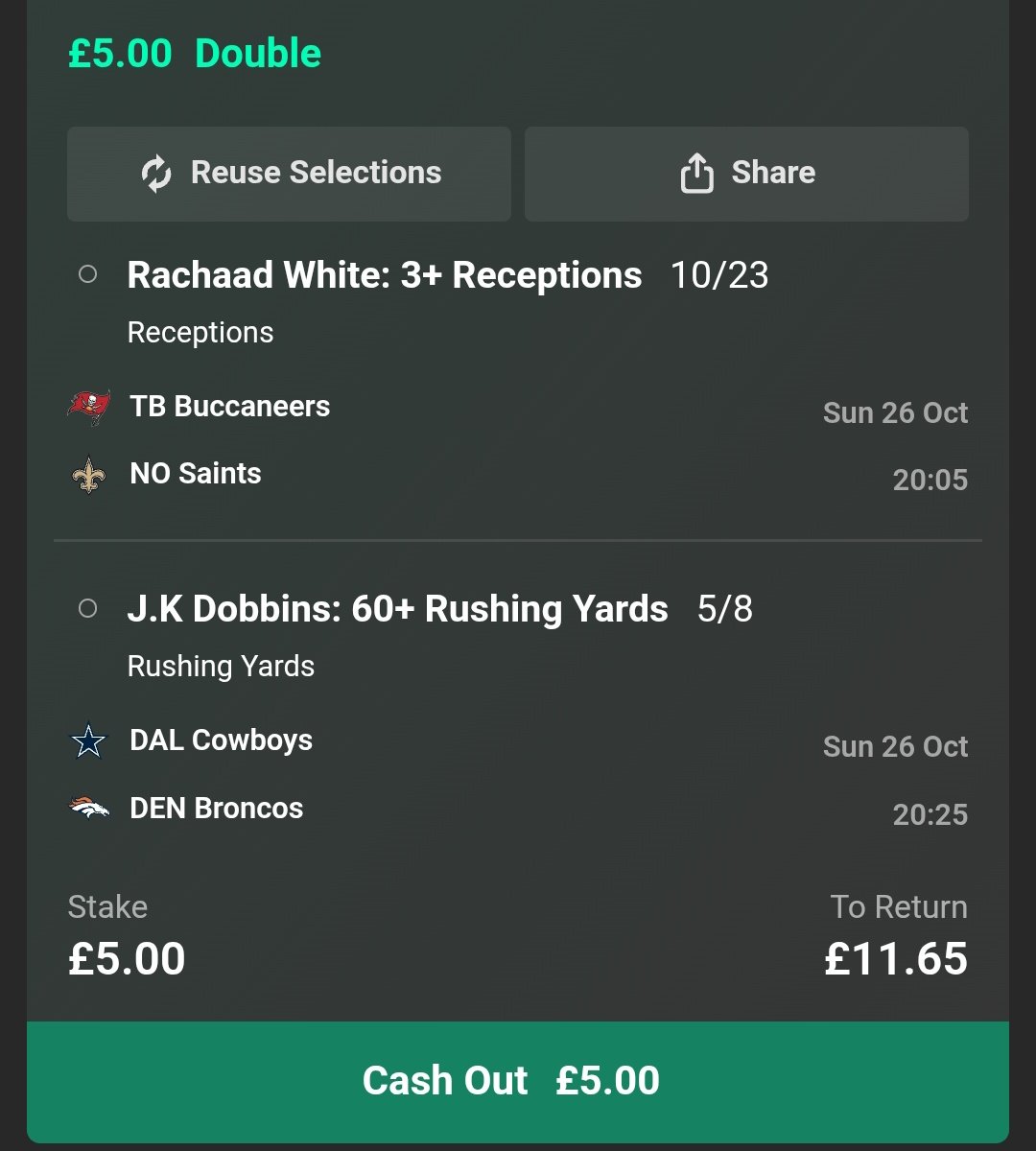 I am having one double on the late window games:

JK Dobbins 60+ rushing
Rachaad White 3+ receptions 
1.33/1

#Gambling𝕏 #GamblingTwitter #BettingTips #TBvsNO #DALvsDEN #TENvsIND #WeAreTheKrewe    #BroncosCountry    #TitanUp    #ForTheShoe