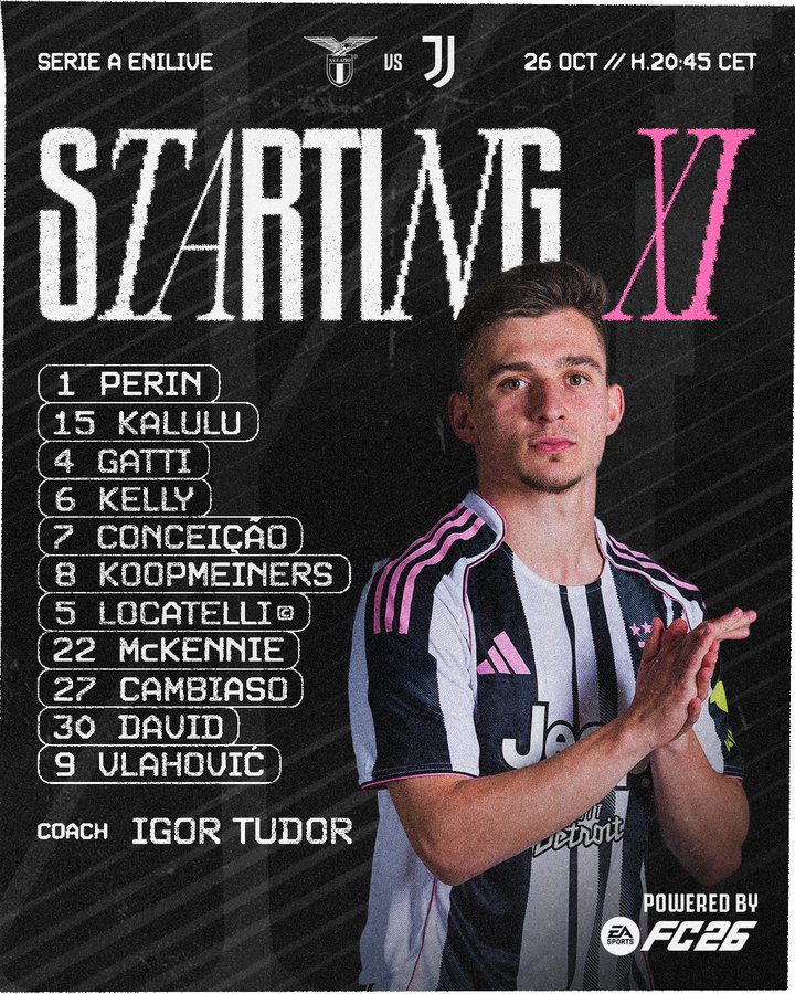 Graphic displays Juventus starting lineup for Serie A match on October 26 with time 20:45 CET showing players Perin in goal Kalulu at right back Gatti and Kelly in center defense Koopmeiners and Locatelli in midfield McKennie and Cambiaso on wings Vlahovic up front coach Igor Tudor at bottom includes Juventus crest and EA Sports FC powered by logo.