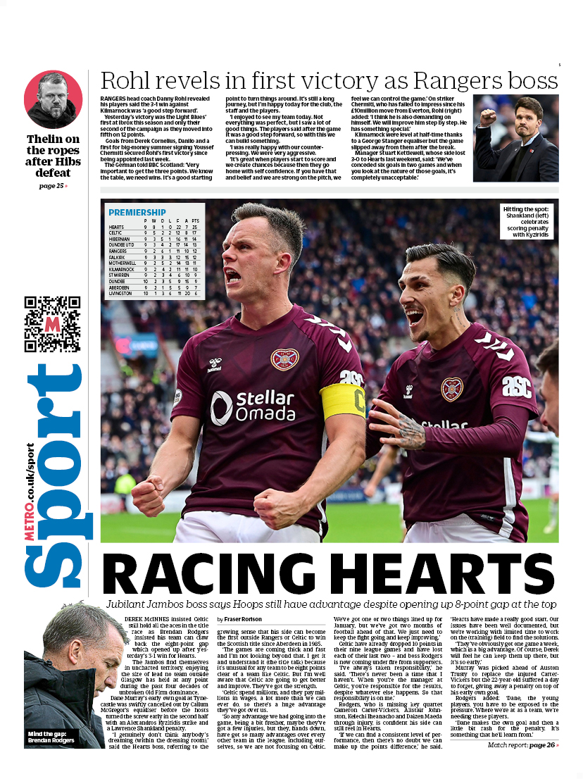 MetroScotland's tweet image. Monday&apos;s front page

RACING HEARTS

Jubilant Jambos boss says Hoops still have advantage despite opening up 8-point gap at the top

#scotpapers #bbcpapers #skypapers