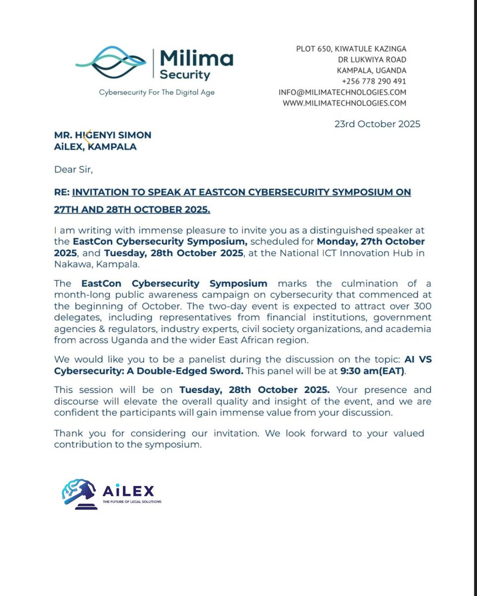 AiLex145495's tweet photo. Thrilled to announce @HigenyiSimonKas from #AiLEX will be speaking at #EastCon2024! Join us Oct 28th at 9:30 AM (EAT) for "AI VS Cybersecurity: A Double-Edged Sword." Don't miss this crucial discussion on the future of digital security. #Cybersecurity #AI #LegalTech #Uganda https://t.co/zyA7wLNa3a